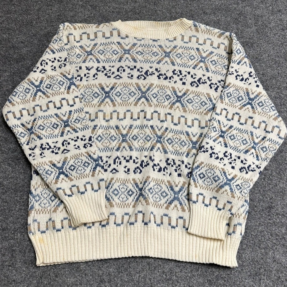 Alfred Dunner Sweater Womens XL Cream Blue Geometric Fair Isle USA Made Good